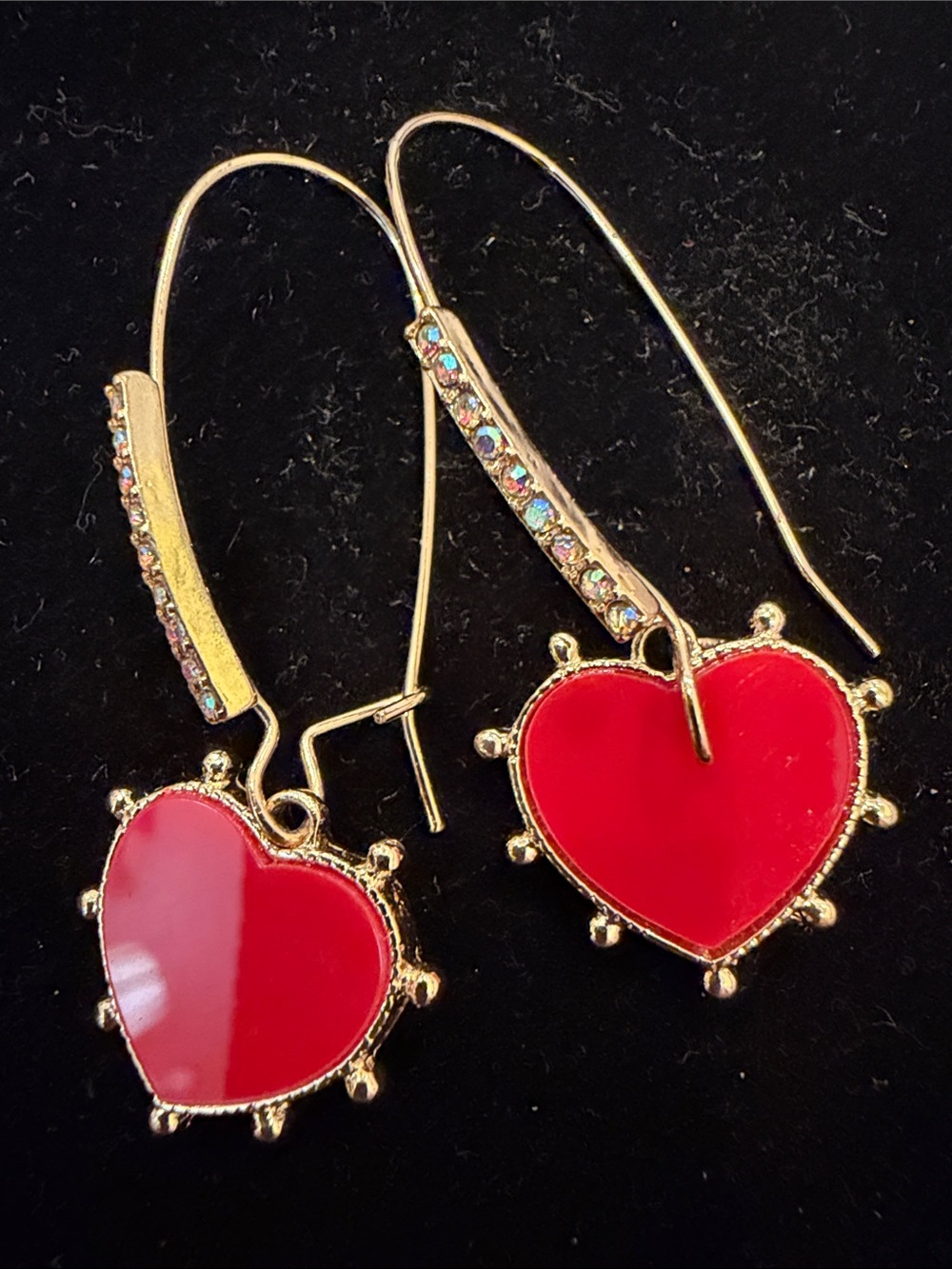 Gold-Tone Red Heart Drop Earrings with Crystal Accents